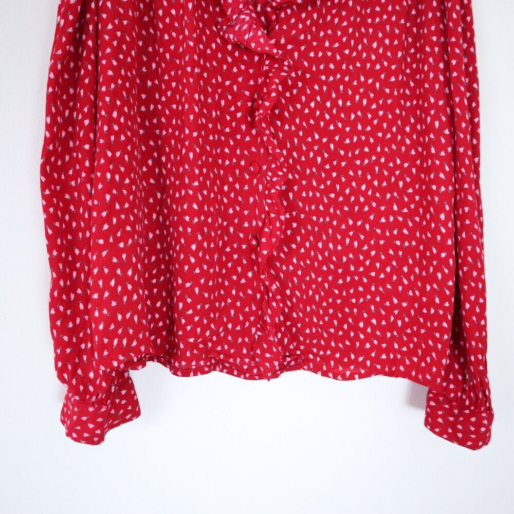 ROLLA’S Size M Lily Blouse Ruffle Trim Long Sleeve Red Pink Mini Tulip Print - Picture 5 of 11